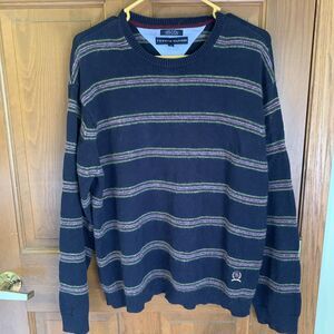 Vintage Tommy‎ Hilfiger Sweater Mens XLarge Striped Crewneck Heavy Knit Blue